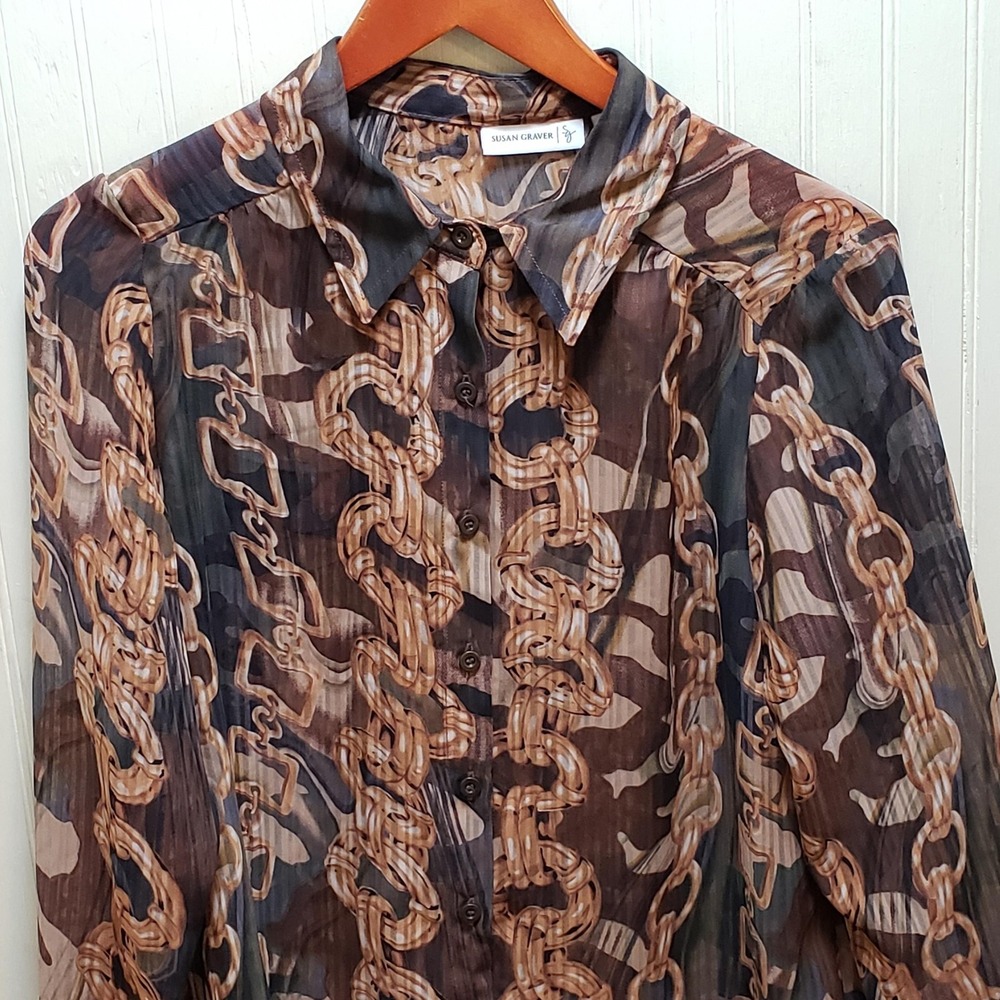 Susan Graver Blouse Womens Small Brown Camo Chain Print Sheer Button Top Tunic